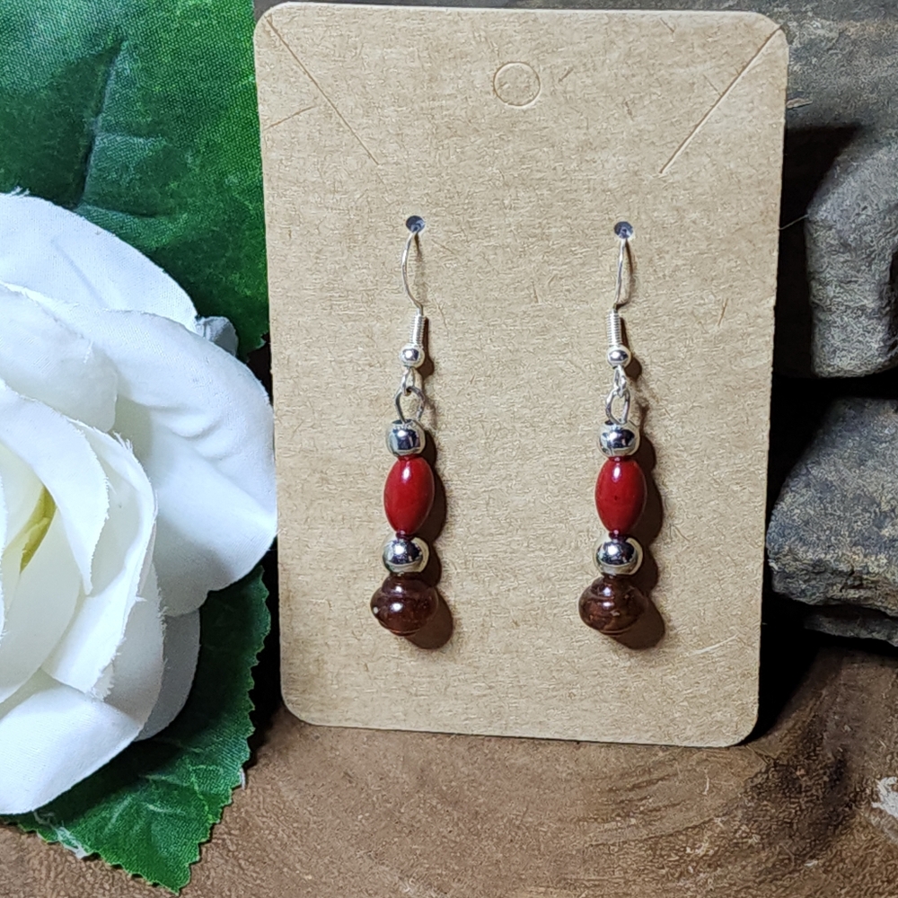 Hand Crafted Silver Toned Dangle Earrings Burgundy/Red & Amber Colored Beads